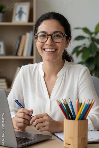 Smiling Young Woman in Glasses Working at Home Office Desk