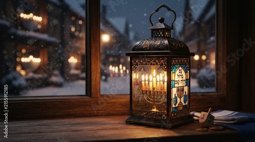 Title: Traditional Hanukkah Lantern Glowing on Window at Night