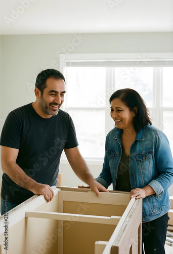 Happy indian couple assembling new kitchen cabinets during home renovation and improvement project, They are working together on the construction and installation of the new furniture