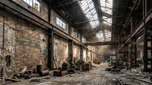 Abandoned Industrial Warehouse Interior with Natural Light Beams.