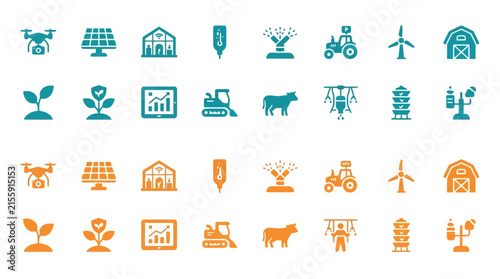 Comprehensive collection of sustainable smart farming and agricultural technology icons.
