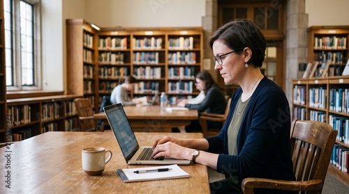 Woman working on laptop in a traditional library with bookshelves and other students studying in the background