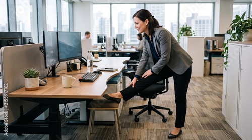 Businesswoman stretching her leg while sitting at her office desk to relieve tension and improve circulation