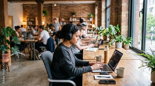 Young woman wearing headphones works on a laptop in a modern coworking space with plants and natural light