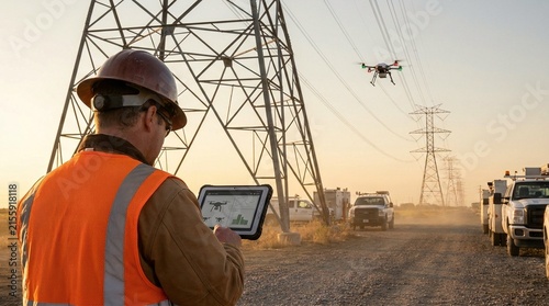Engineer using drone for high voltage power line inspection and maintenance at sunset