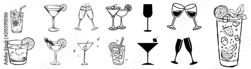 Cocktail and Alcohol Drink Glasses Hand Drawn Clipart Collection PNG, Wine Martini Champagne and Beverage Illustrations on Transparent Background