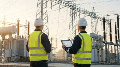 Professional electrical engineers conducting a thorough safety inspection of a high-voltage power substation, ensuring reliable energy infrastructure and system maintenance
