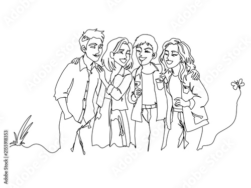 Line art of a group of four young friends or teenagers standing side by side, cheerfully embracing one another near grass and butterflies.