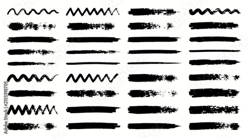 Grunge black paint brush strokes vector set, textured ink borders and hand drawn charcoal lines, 32 artistic smear elements for graphic design