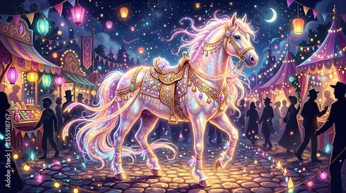 Magical glowing white horse in ornate tack at night street festival