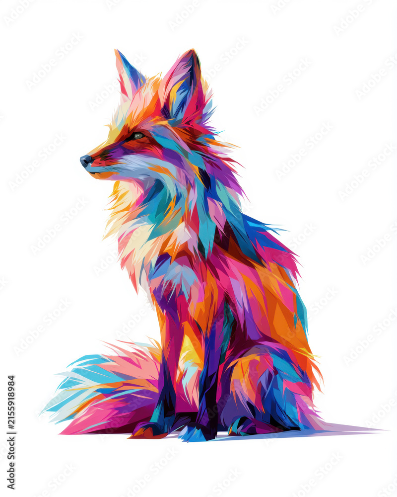 Naklejka premium Vibrant colorful low poly geometric red fox portrait illustration on pure white background, creative abstract animal artwork, modern colorful wild animal design, bright polygon fox art poster