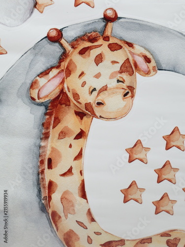 Canvas Print Cute watercolor baby giraffe illustration with stars for nursery wall sticker de