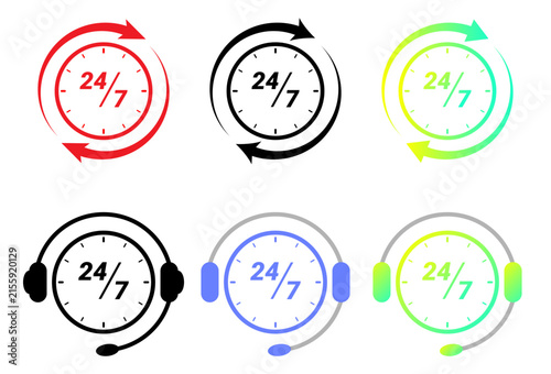 Essential vector icon set illustrating 24/7 customer service, continuous support, and constant availability for businesses and online platforms
