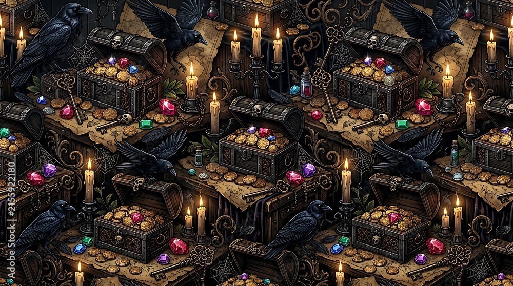 Halloween pirate treasure chest seamless pattern with jewels and black ravens vector