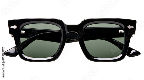 Fotografie Black acetate square framed sunglasses with green lenses, isolated on transparen