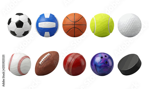 Collection of various sports balls and equipment isolated on a white background for athletic design projects
