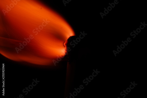Abstract macro photograph capturing the flowing orange flame of a burning match against a deep black background.
