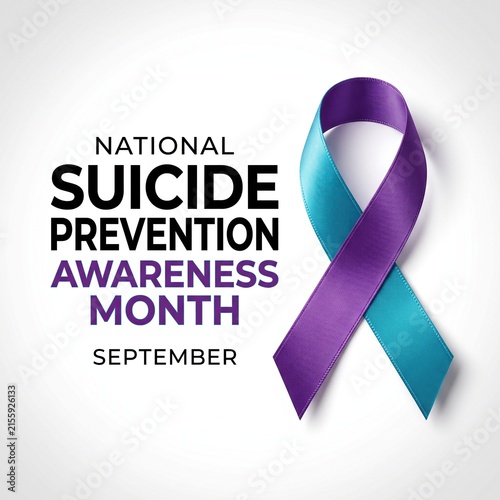 National suicide prevention awareness month text with purple and teal ribbon on white background for health campaign banner.