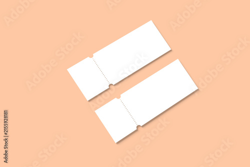 Two blank ticket mockups with tear off stub on pastel background 3d rendering