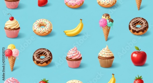 Sweet pattern of fruit, cupcakes, donuts, & ice cream on blue