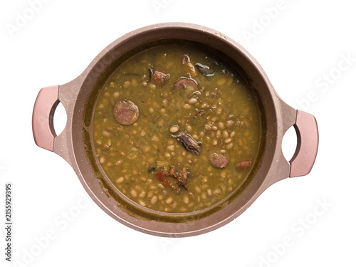 Top view of beans and sausage in a pot