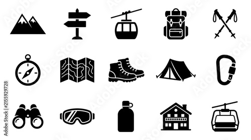 Set of outdoor adventure hiking camping and mountain travel icons with transparent background