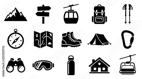 Collection of hiking and outdoor adventure icons featuring equipment and activities on transparent background