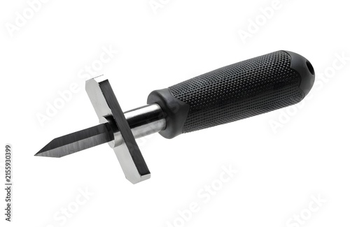 Handheld deburring tool for metal finishing and edge smoothing isolated on white background