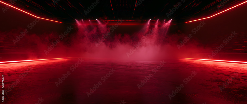 Naklejka premium Here's a red ice rink backdrop illuminated by red neon lights and spotlights, complete with smoke effects. Perfect for hockey games, winter promotions, and ice skating scenes. Suitable for stadiums an