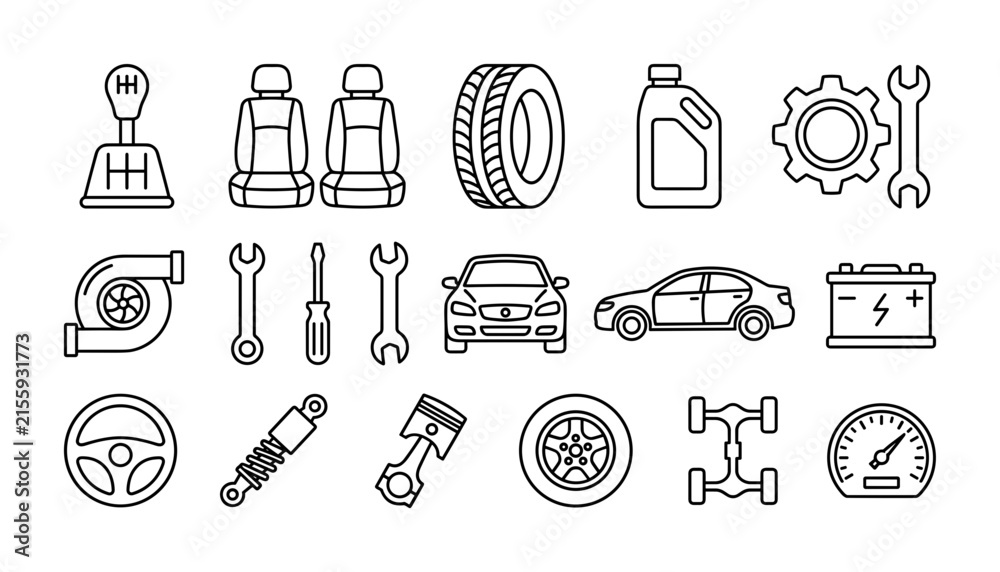Fototapeta premium Automotive parts and car repair thin line icon set featuring various vehicle mechanism elements tools and garage equipment