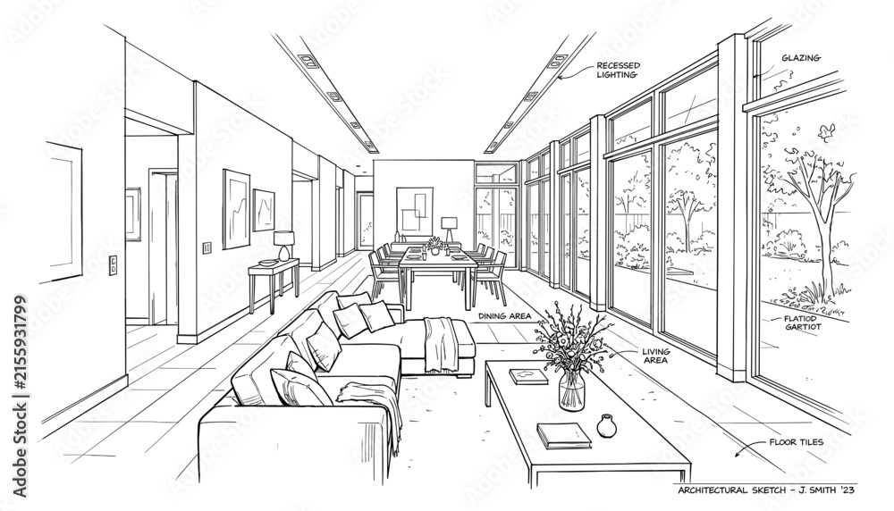 Fototapeta premium Modern residential open plan house interior architectural sketch showing spacious living room dining area and panoramic glass windows