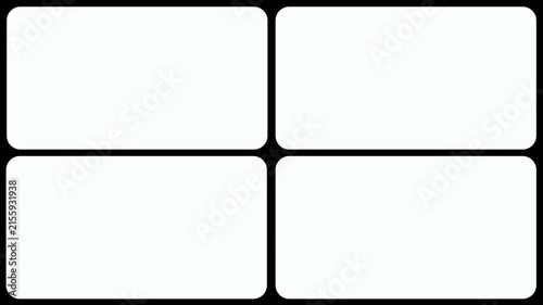 Transition elements for white four window frame grid animation on black transparent background. Split screen film frame matte animation. Split screen 2D motion graphics animation elements