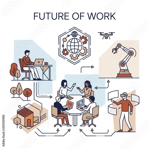 Future of Work Concept Illustration. Artificial Intelligence, Automation and Modern Workplace.
