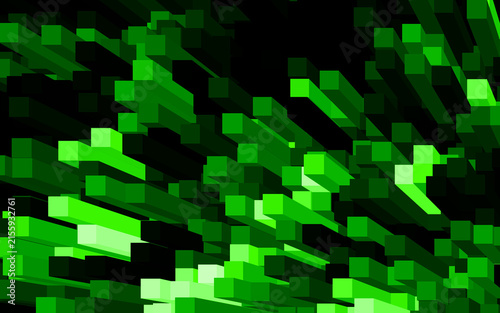 Abstract digital background featuring vibrant green pixelated blocks and geometric shapes with a dark high contrast aesthetic