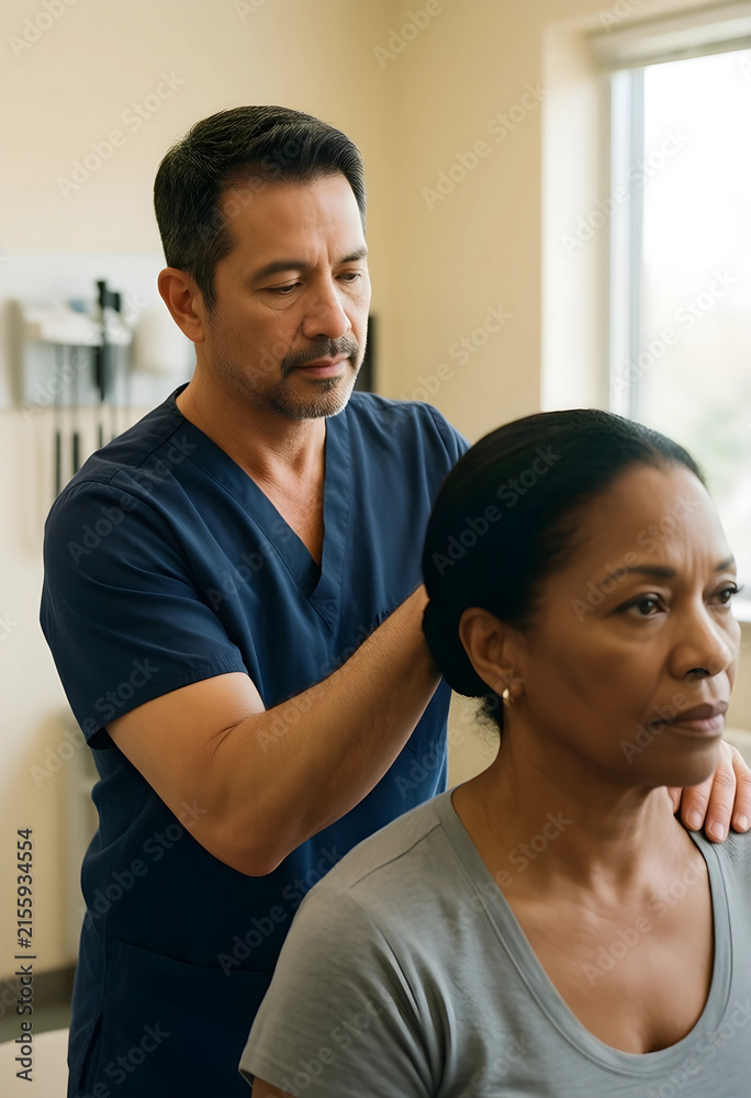 Fototapeta premium Male doctor in scrubs examining a mature african american womans shoulders and neck in a medical office, the physician is focused and attentive, providing care during a physical examination