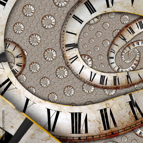 Surreal Infinite Spiral of Vintage Clock Faces Creating a Timeless Abstract Pattern