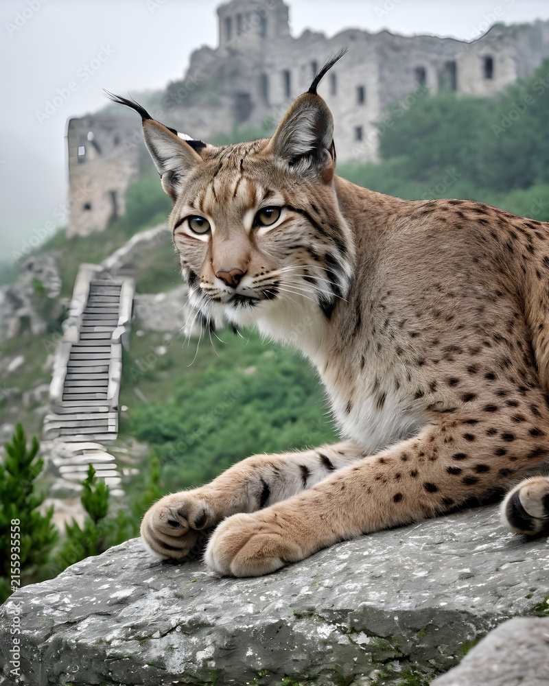 Fototapeta premium A nickel toned balkan lynx in a ruin staircase