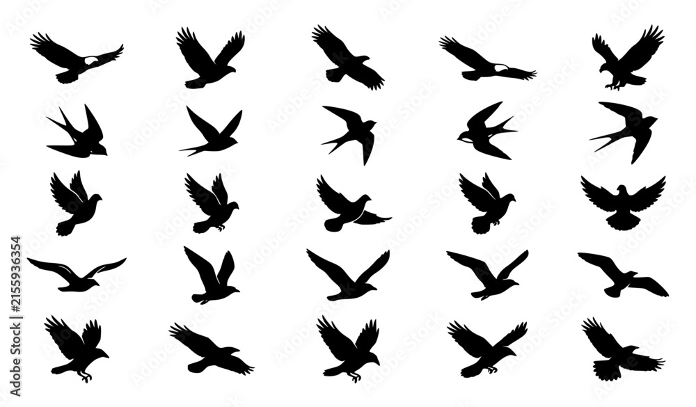 Obraz premium Flying Birds Black Silhouette Vector Icon Set Featuring Eagles Swallows Pigeons Seagulls and Crows for Wildlife Nature and Freedom Graphic Layouts