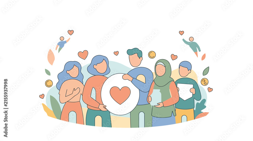 Fototapeta premium Diverse group of volunteers holding donation jar and heart symbol, community support and charity concept flat illustration