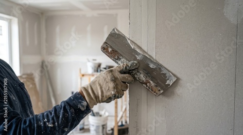 Construction worker applying plaster to drywall in interior renovation