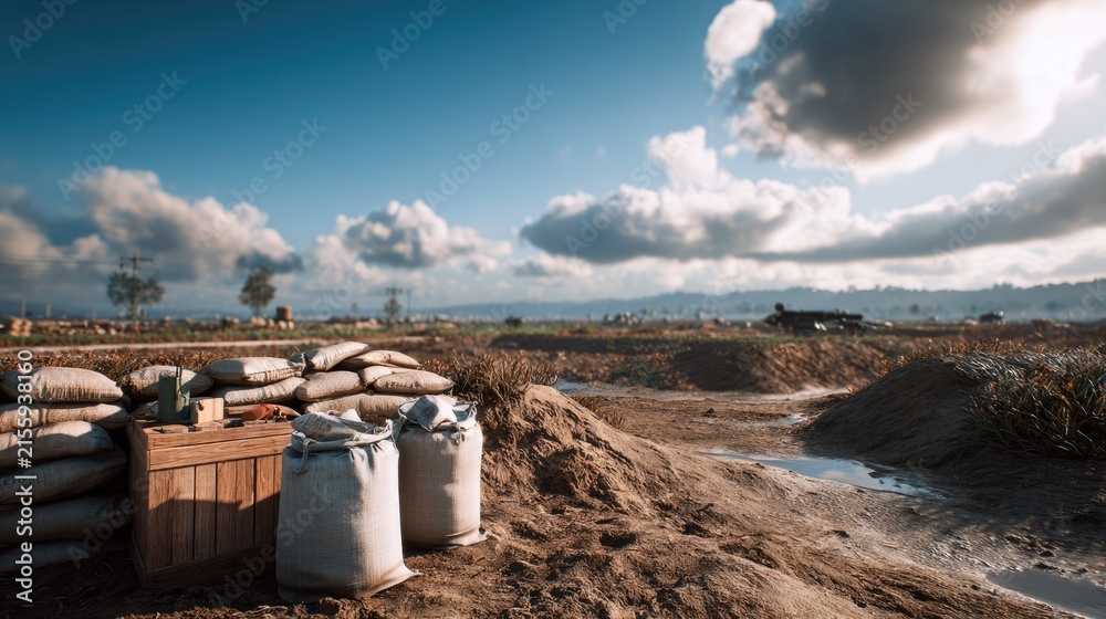 Naklejka premium Fortified Landscape: A rugged terrain featuring sandbag fortifications and muddy puddles under a dramatic sky with scattered clouds.