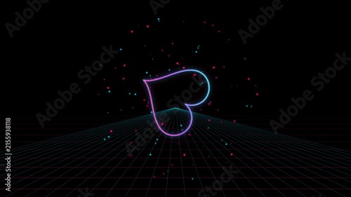 Neon Glowing Heart Shape Animation with Floating Particles on Dark Background.