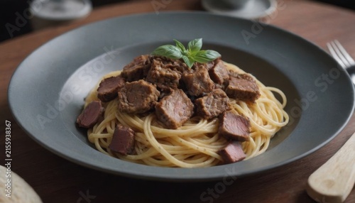 Close up spaghetti with beef cubes and basil garnish on dark plate