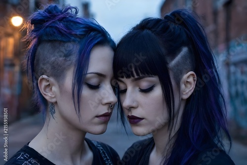 due donne alternativa in casa con capelli colorati di blu e neri e rasate ai lati dela testa