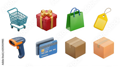 Retail shopping icons with gift box and credit cards during online commerce isolated on transparent background