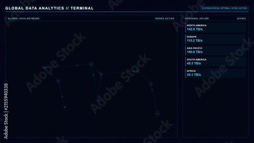 Futuristic Global Data Analytics Terminal Interface Display.