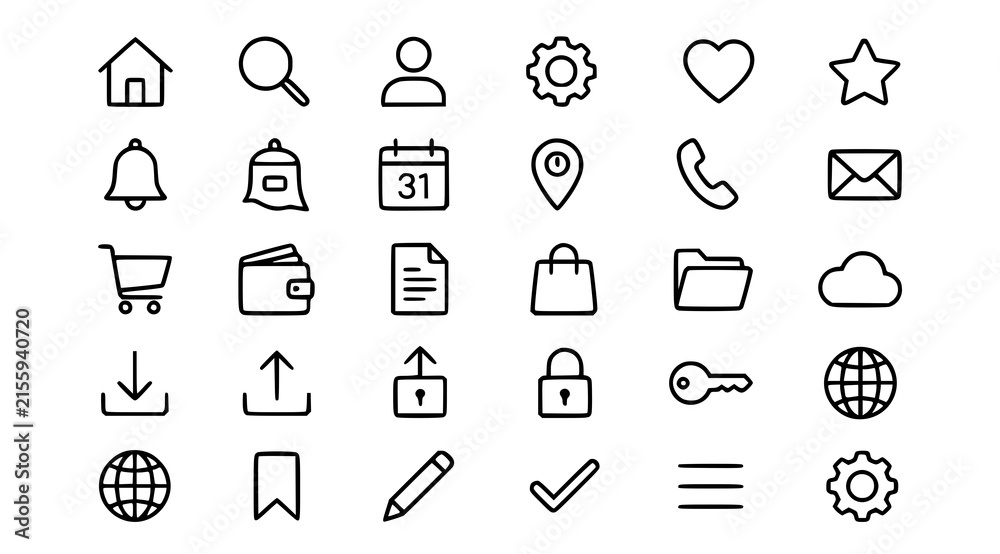 Fototapeta premium Modern outline icon pack with thin editable stroke web interface and business symbols black vector collection