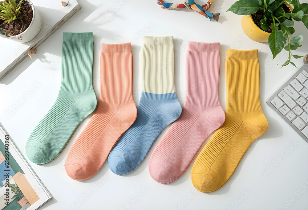 Fototapeta premium Row of five colorful ribbed socks in pastel shades of mint green, peach, blue, pink, and yellow on a white surface