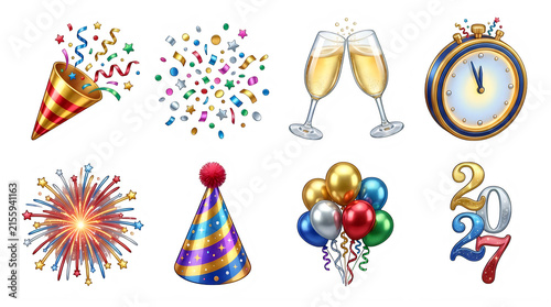 Celebration elements with confetti champagne clock fireworks party hat balloons and numbers isolated on transparent background