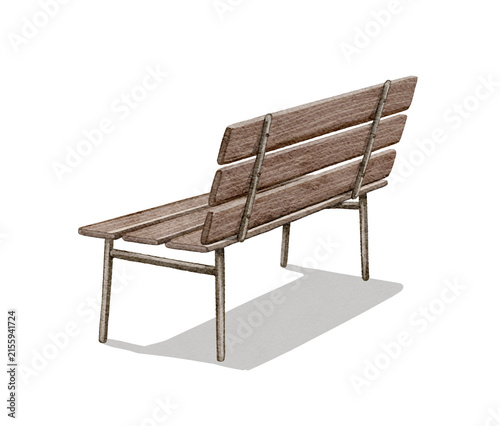 Watercolor vintage wooden bench with backrest and shade isolated on white background. Hand drawn illustration sketch